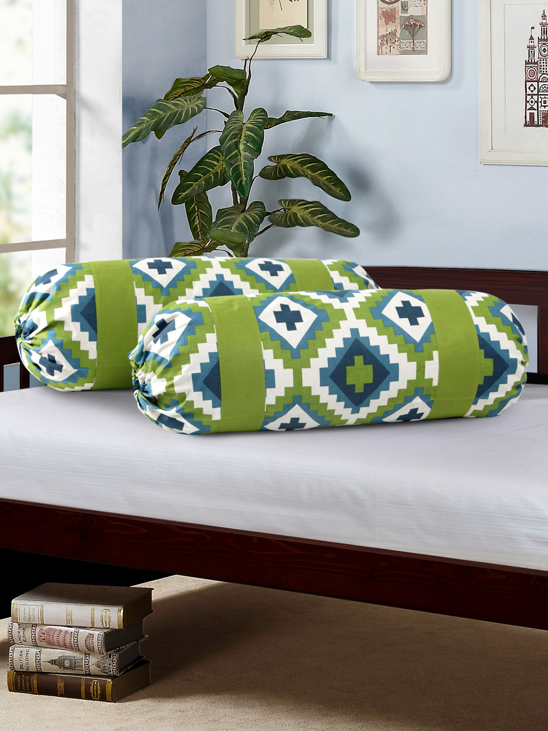 Buy SWAYAM Green Set Of 2 Printed 30" X 15" Cylindrical Bolster Covers