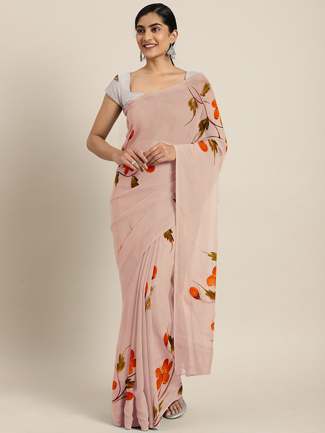 Buy Kalakari India Beige & Orange Floral Hand Painted Saree Sarees for Women 17563446 Myntra