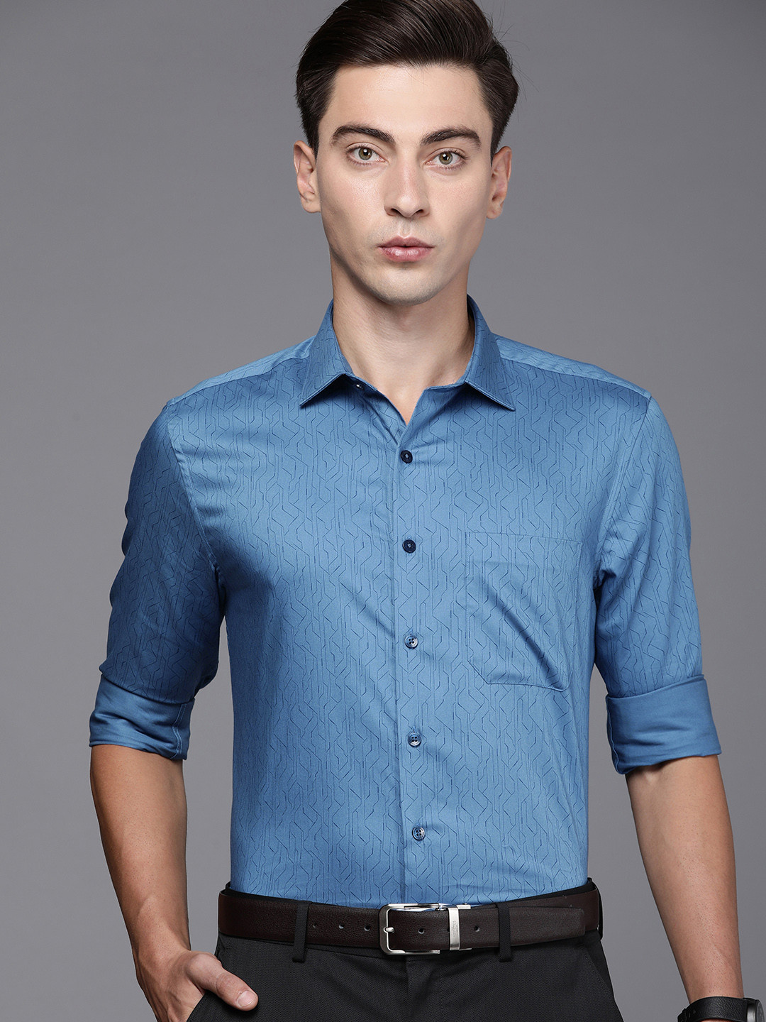 Buy Louis Philippe Men Blue Slim Fit Printed Pure Cotton Formal Shirt