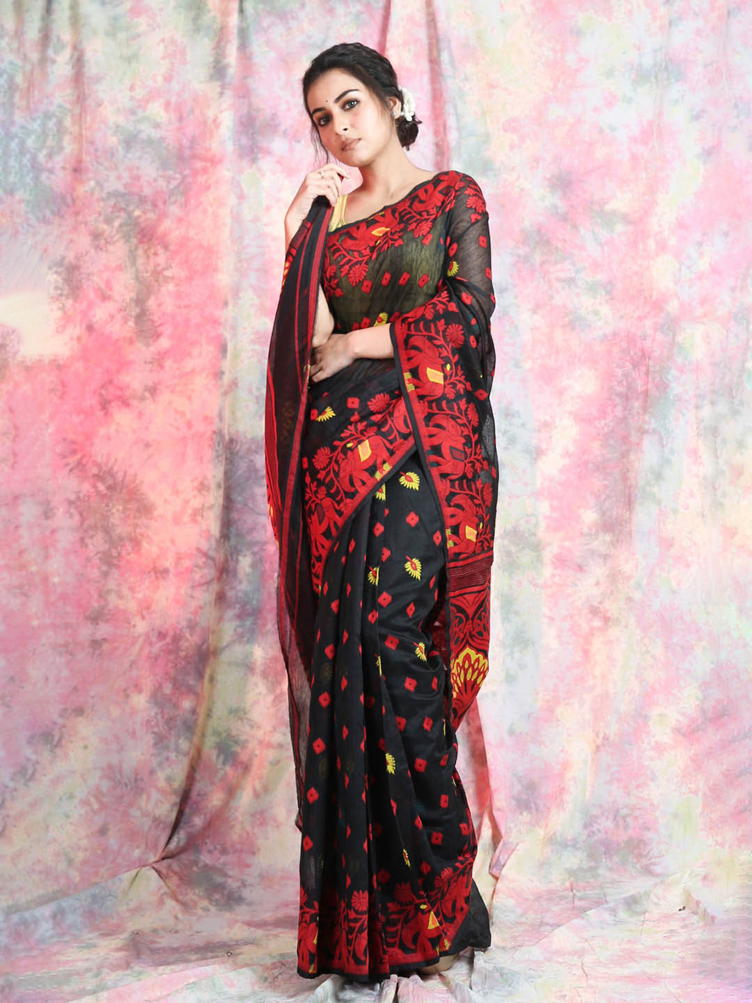 Buy Arhi Black & Red Woven Design Silk Cotton Jamdani Saree - Sarees ...