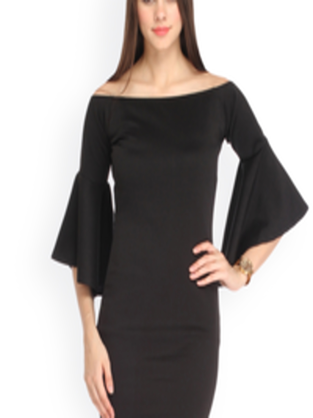 Buy Cation Women Black Solid Off Shoulder Sheath Dress - Dresses for ...