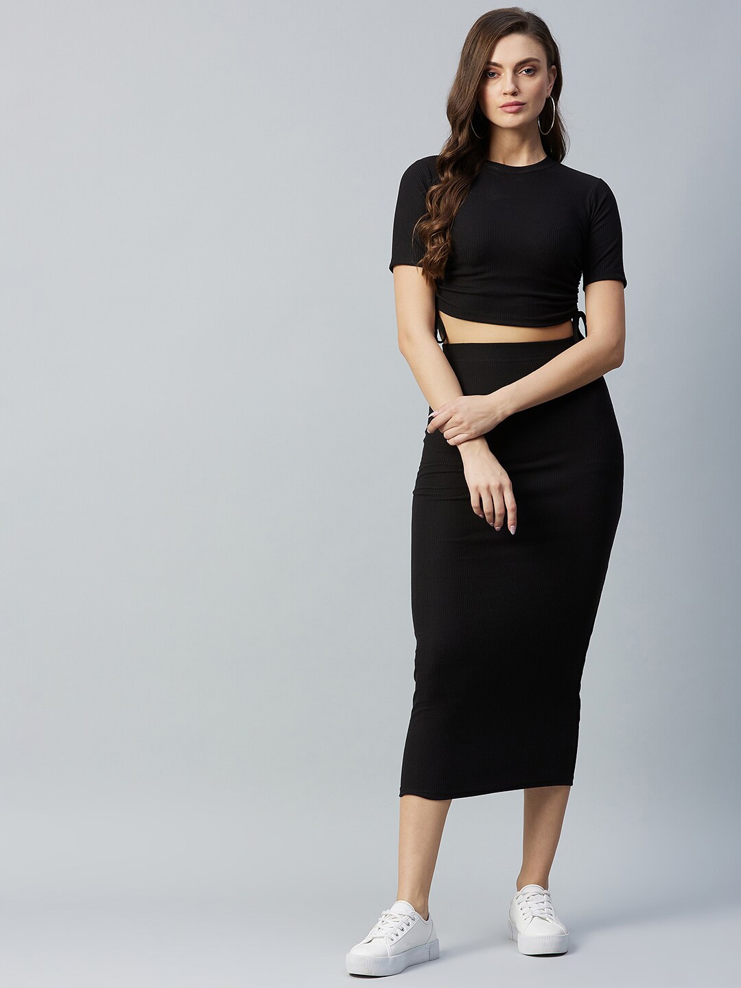 Buy DELAN Black Solid Crop Top With Skirt - Co Ords for Women 17575012 ...