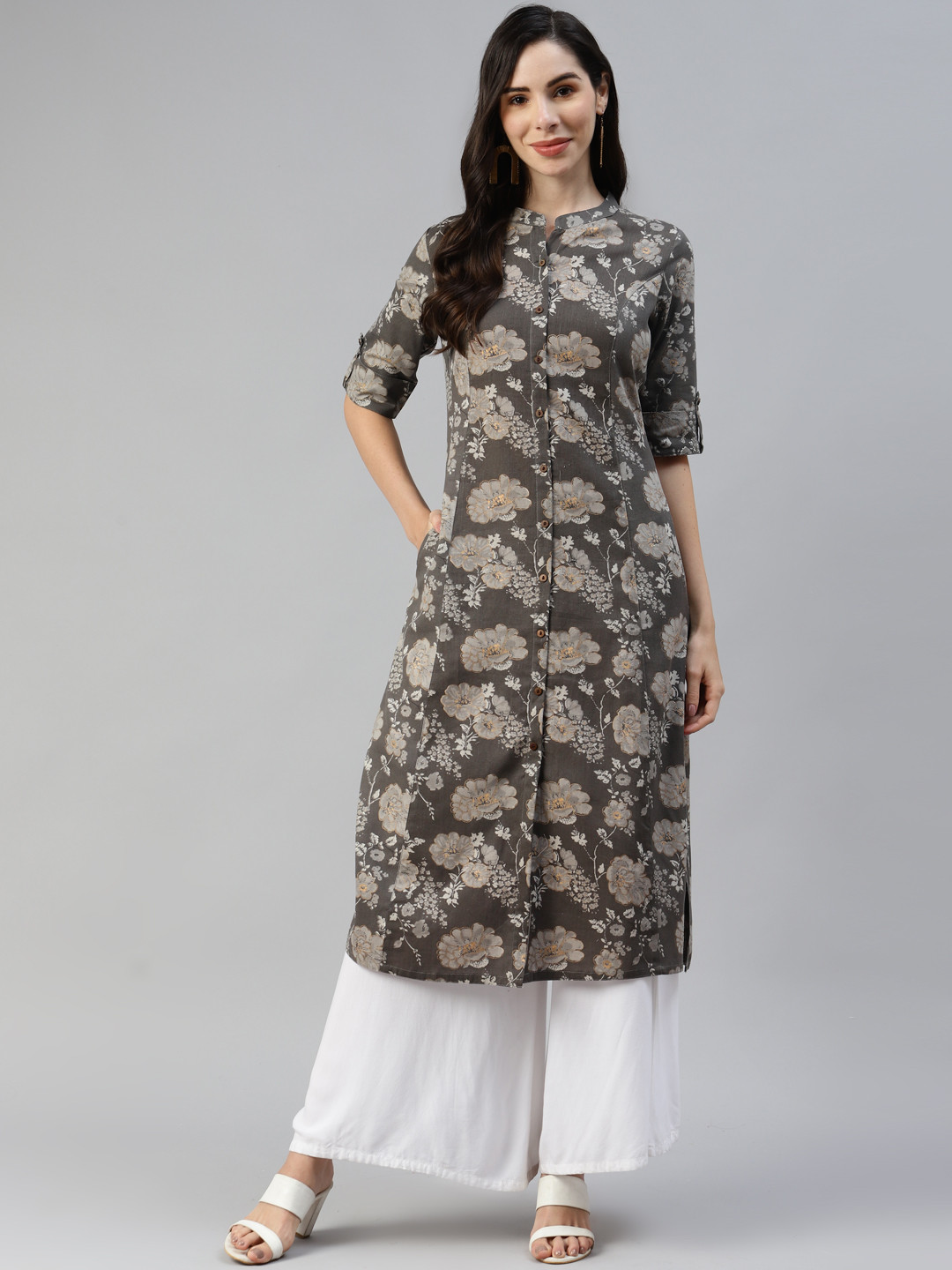 Buy Divena Women Coffee Brown & Grey Ethnic Motifs Printed Kurta