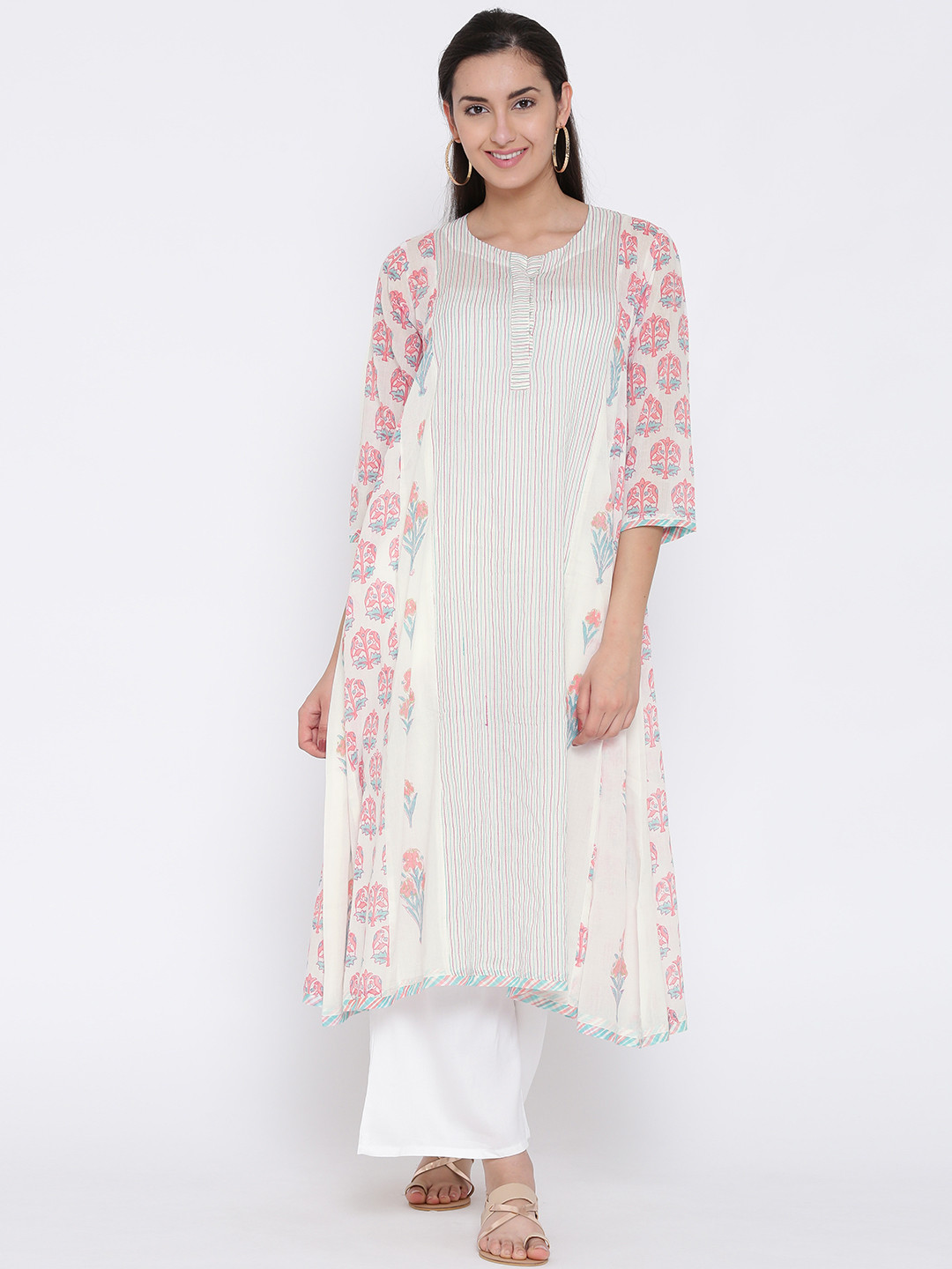 Women's V-Neck Geometric Off White Anarkali Kurta
