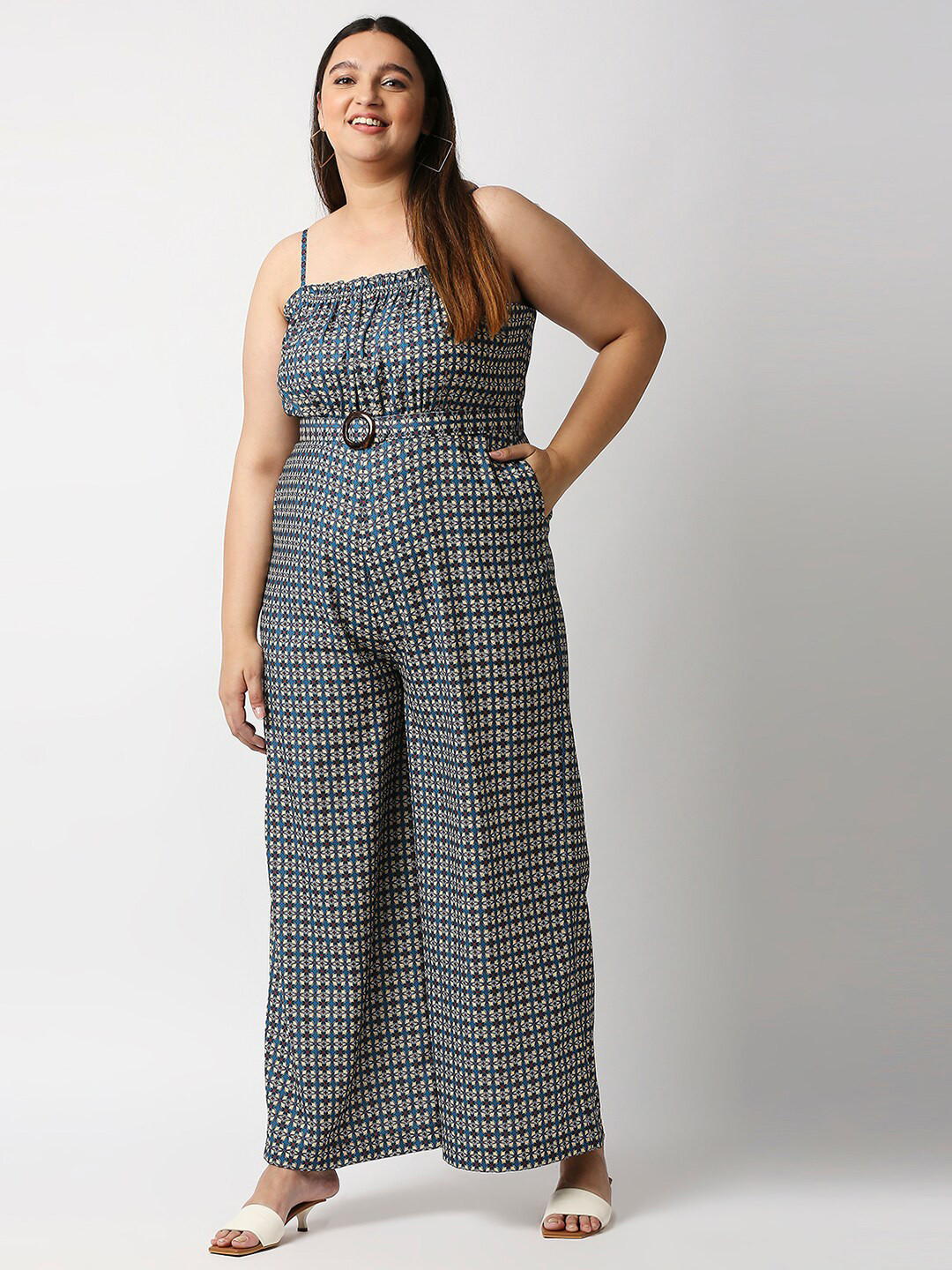 Buy 20Dresses Blue & Beige Printed Smocked Belted Basic Jumpsuit