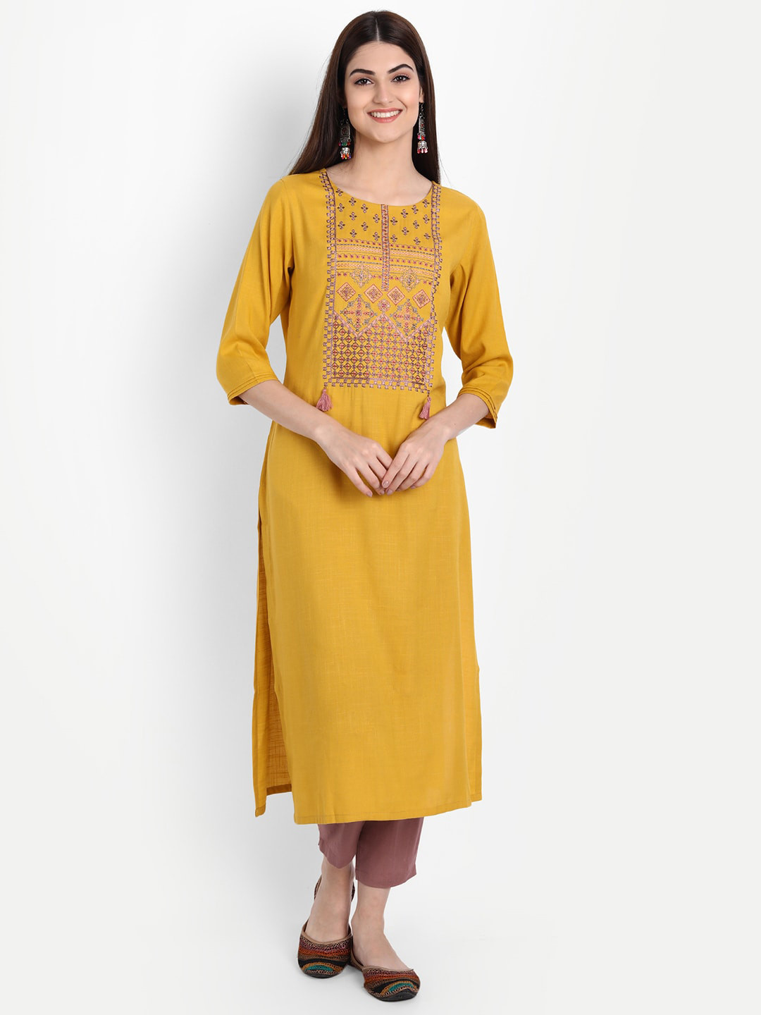 Women's Yellow Paisley Embroidered Thread Work Straight Kurta