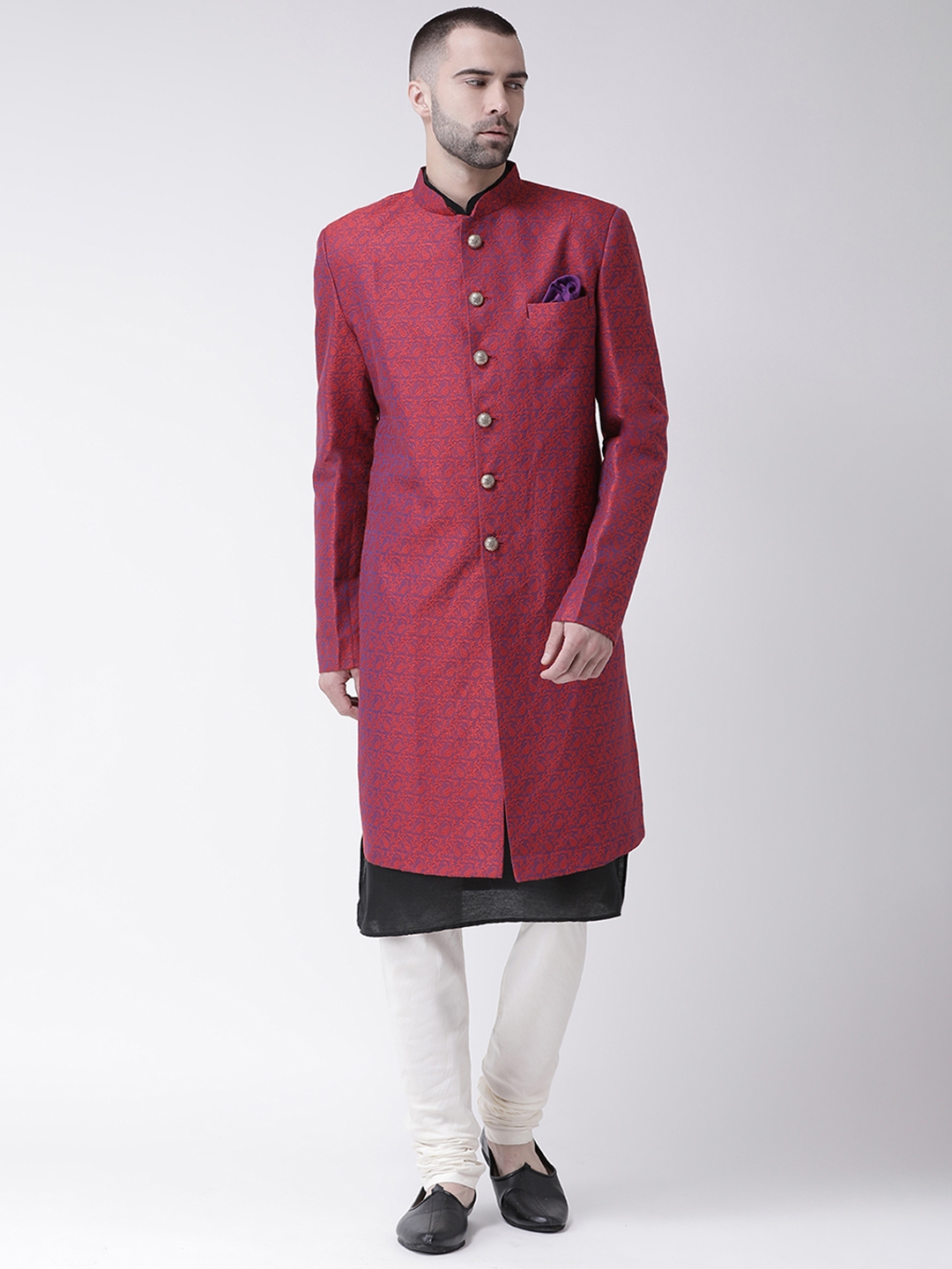 Buy KISAH Men Maroon White Paisley Woven Design Cotton Indowestern buy-kisah-men-maroon-white-paisley-woven-design-cotton-indowestern