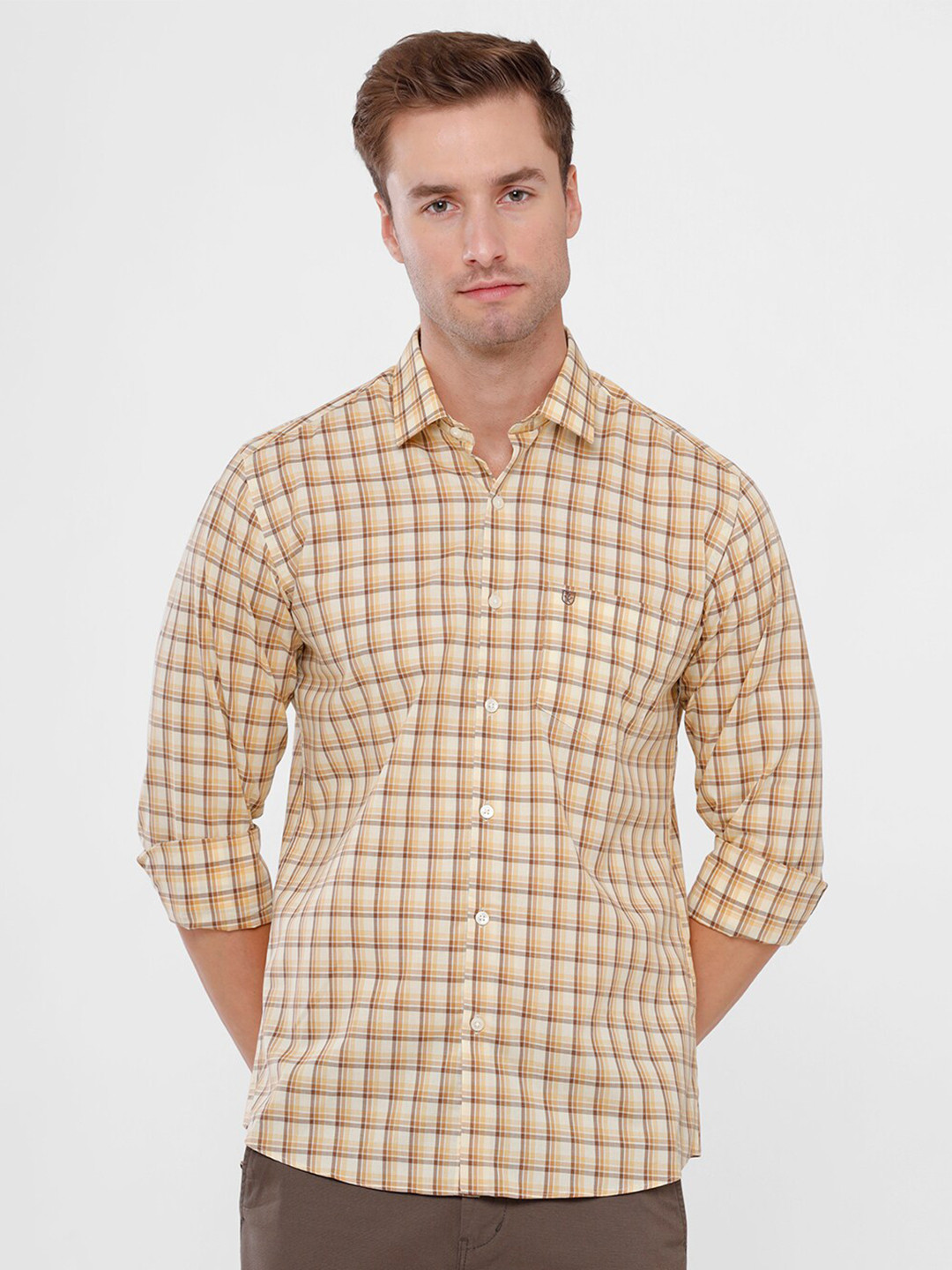 Buy Linen Club Men Yellow Checked Regular Fit Cotton Casual Shirt