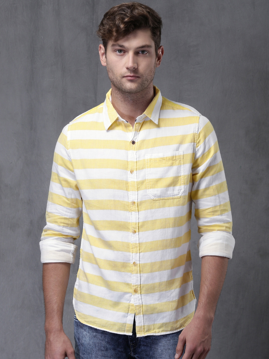 mens yellow and white striped t shirt