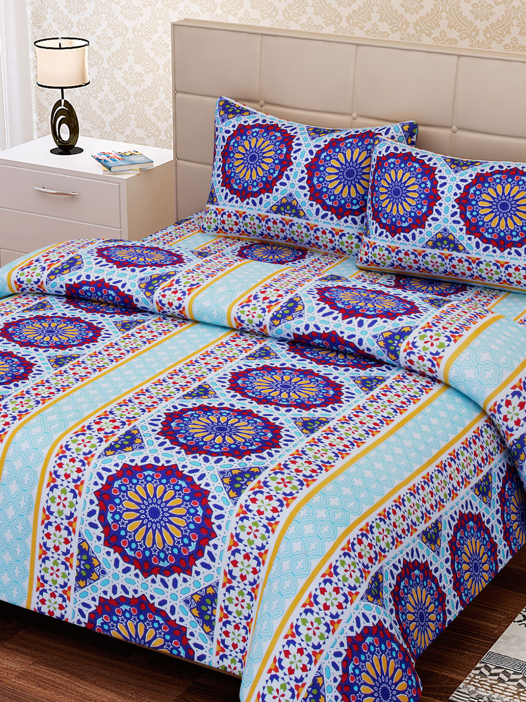 Buy SEJ By Nisha Gupta Multicoloured Cotton Double Bedsheet With 2