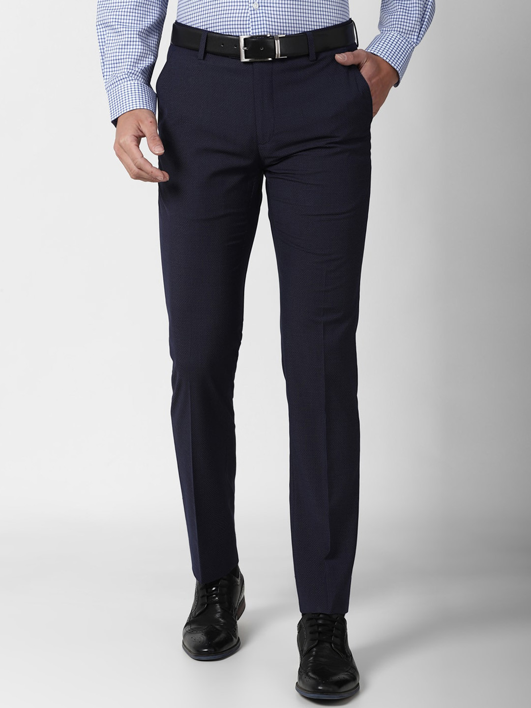 Buy Peter England Elite Men Navy Blue Slim Fit Trousers - Trousers for ...