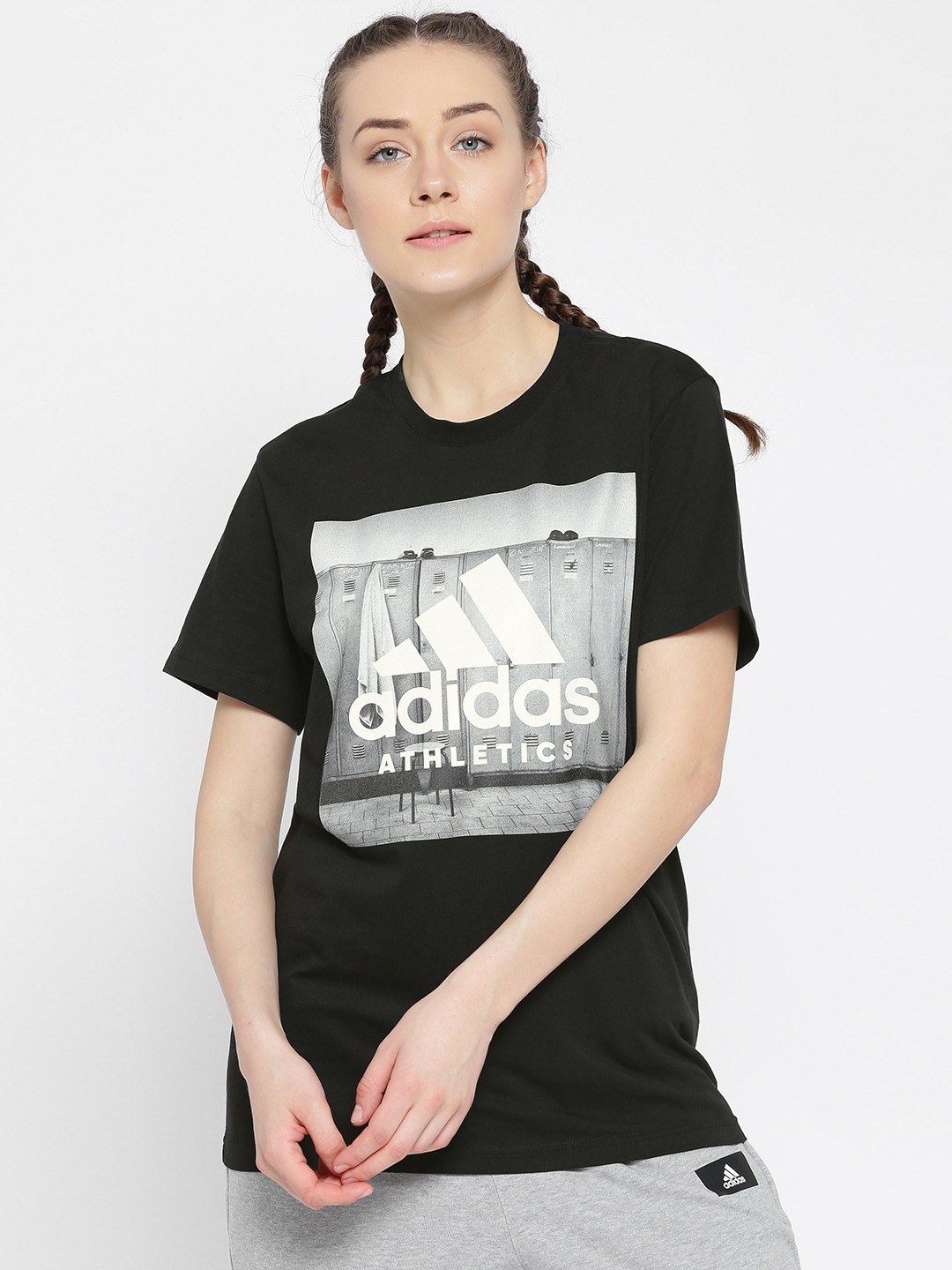 Buy ADIDAS Women Black Category ATH Printed Round Neck Pure Cotton T