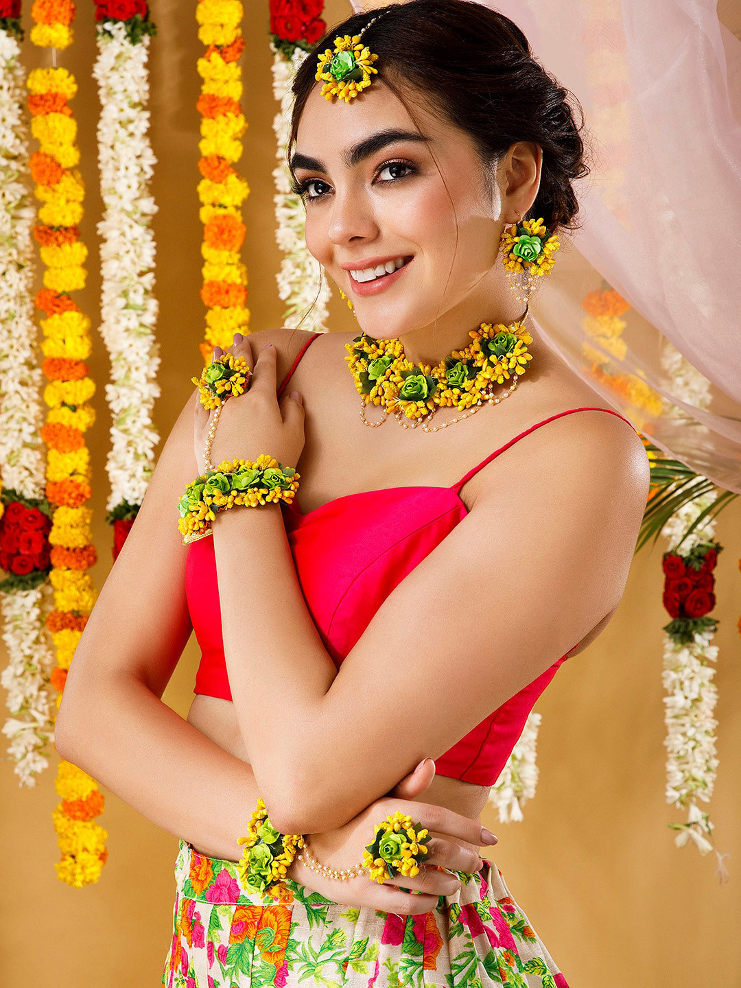 Buy Rubans Yellow & Green Floral Haldi Wedding Jewellery Set