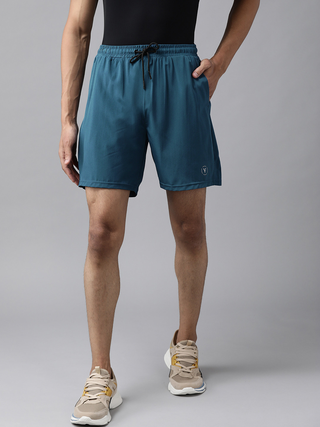 Buy Van Heusen Flex Men Teal Blue Solid Mid Rise Regular Fit Shorts