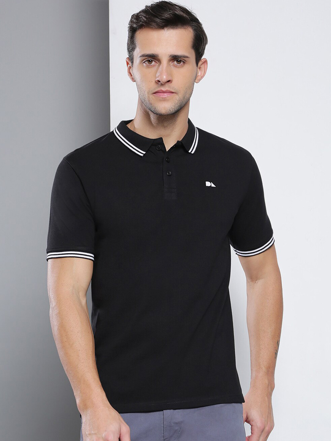 Buy Dennis Lingo Men Black Polo Collar Slim Fit Cotton T Shirt
