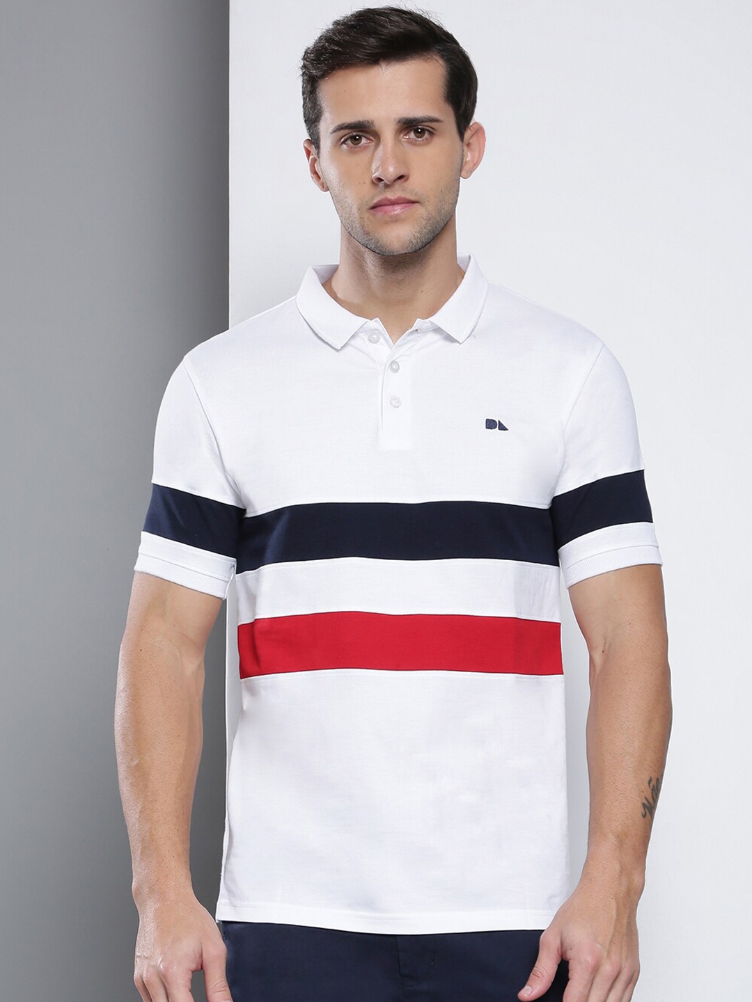 Buy Dennis Lingo Men White Colourblocked Polo Collar Slim Fit T Shirt ...