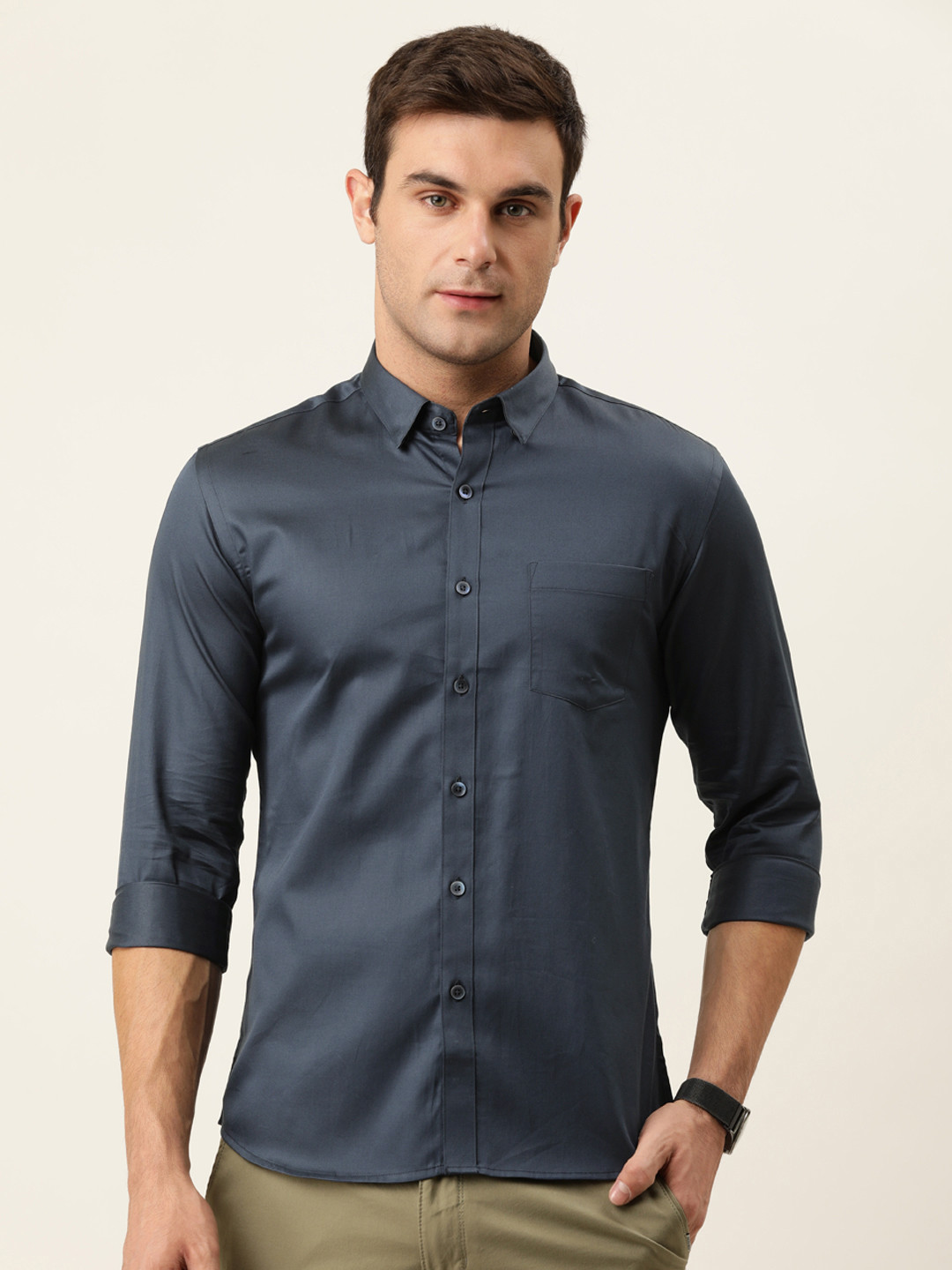 Buy Flying Machine Men Navy Blue Solid Slim Fit Pure Cotton Casual ...