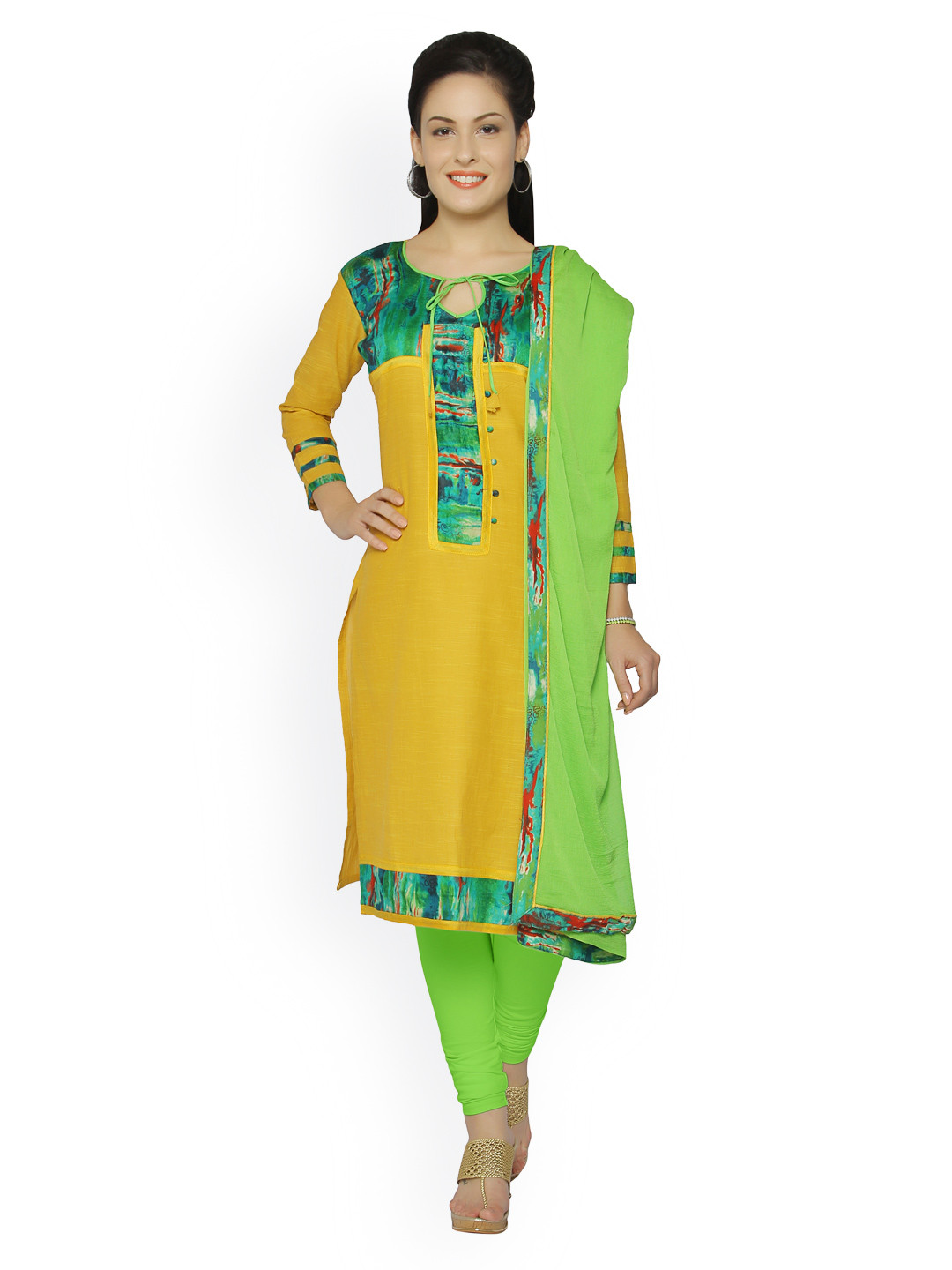Buy Saree Mall Yellow & Green Chanderi Cotton Embroidered Unstitched