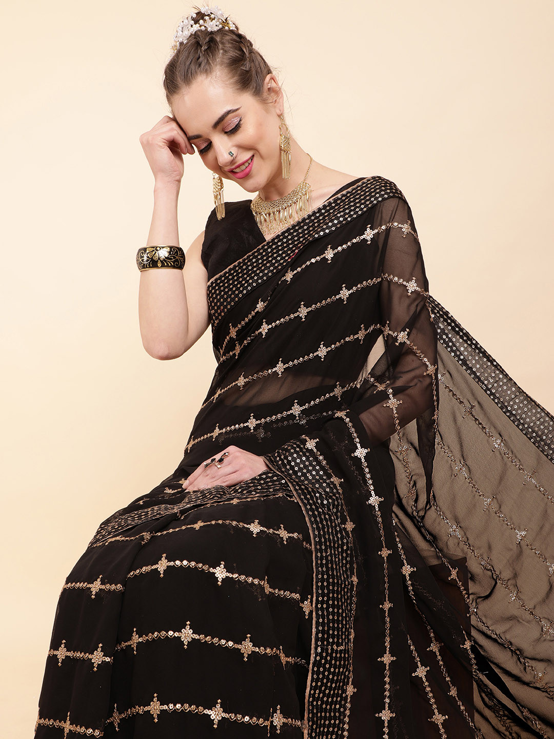 Buy Sangria Black & Gold Toned Striped Sequinned Pure Saree