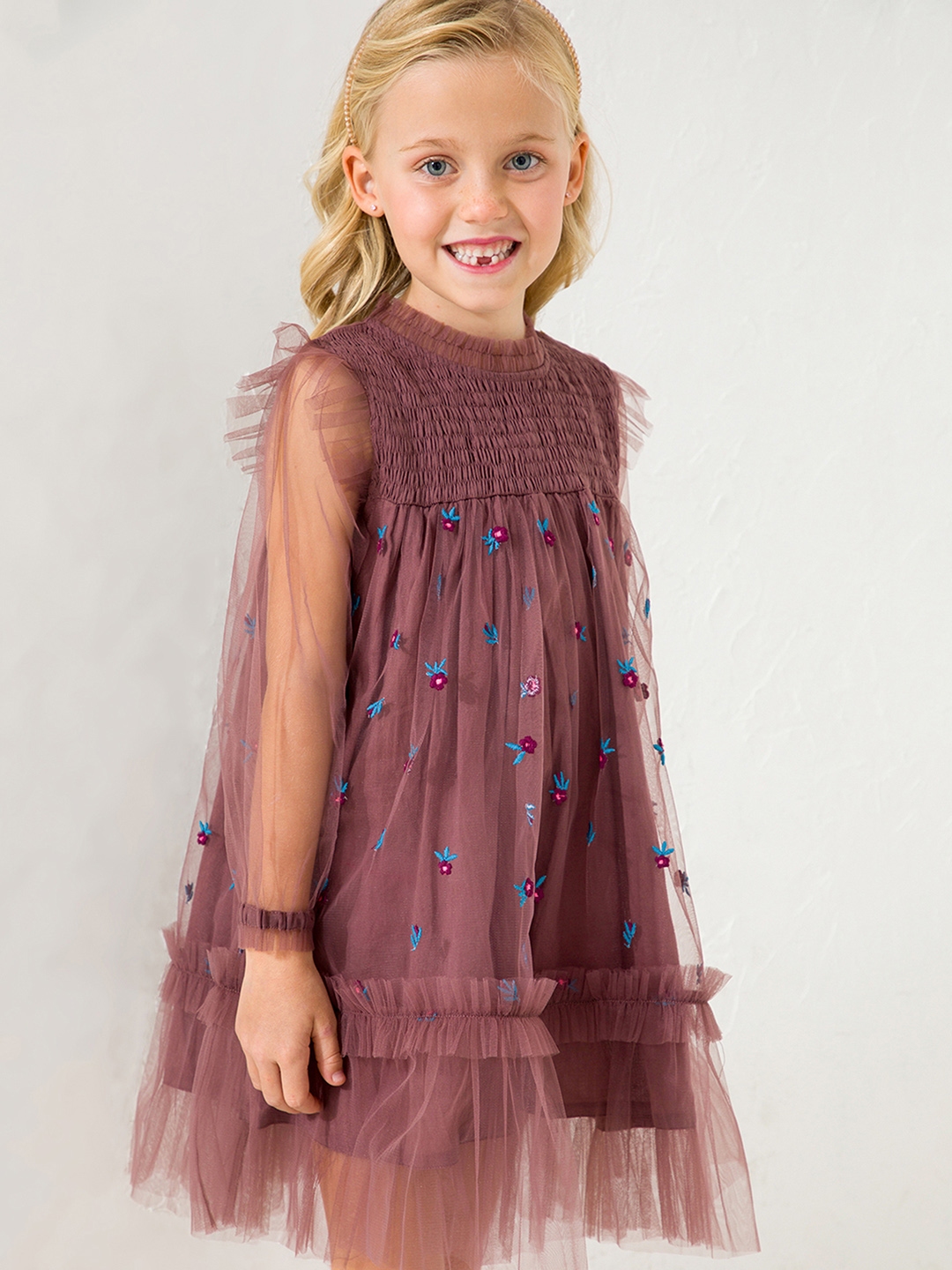 Buy Cherry Crumble Girls Mauve Floral Embroidered Smocked Tiered A Line ...