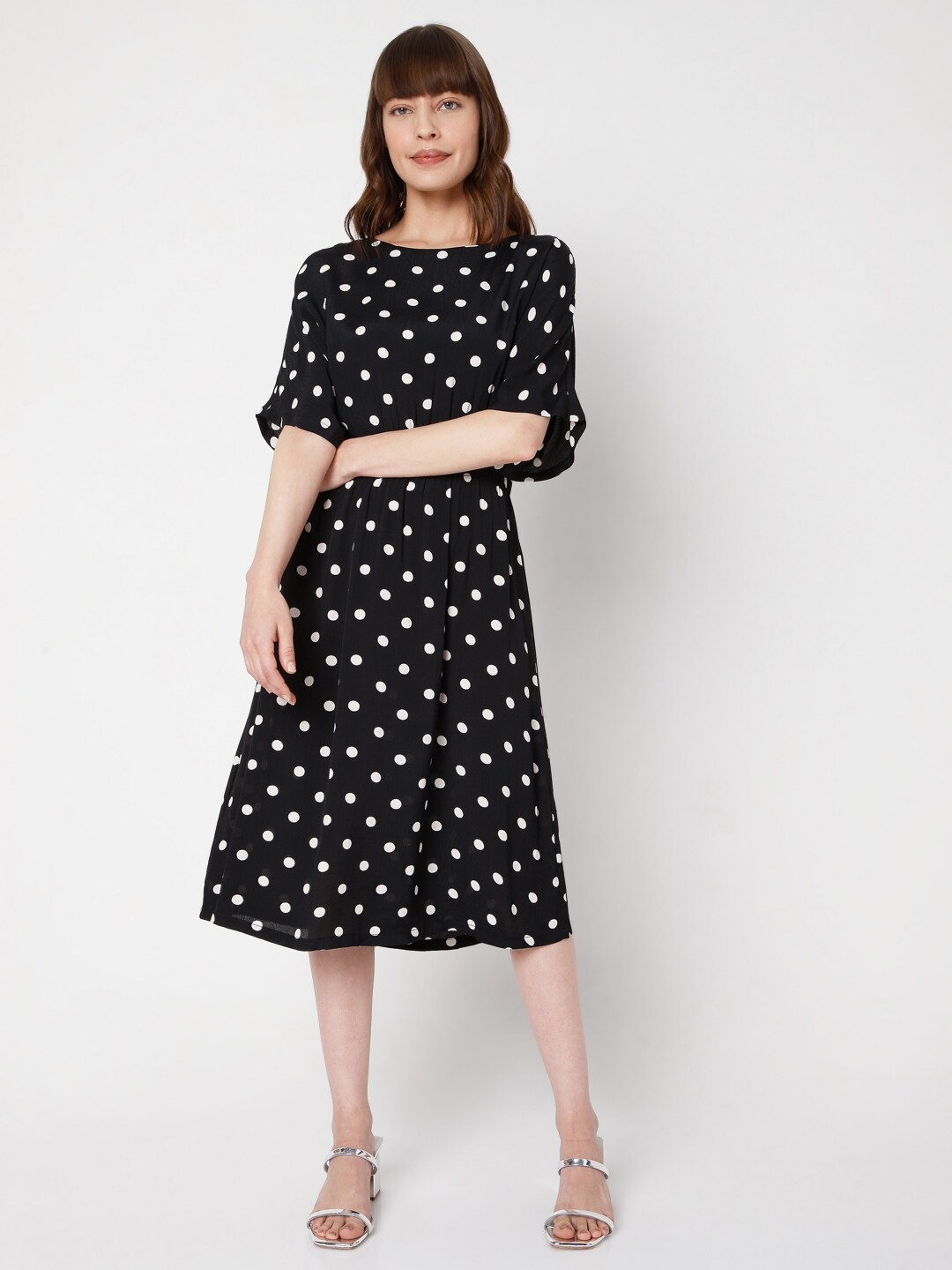 Buy Vero Moda Women Black & White Polka Dots Printed A Line Dress ...