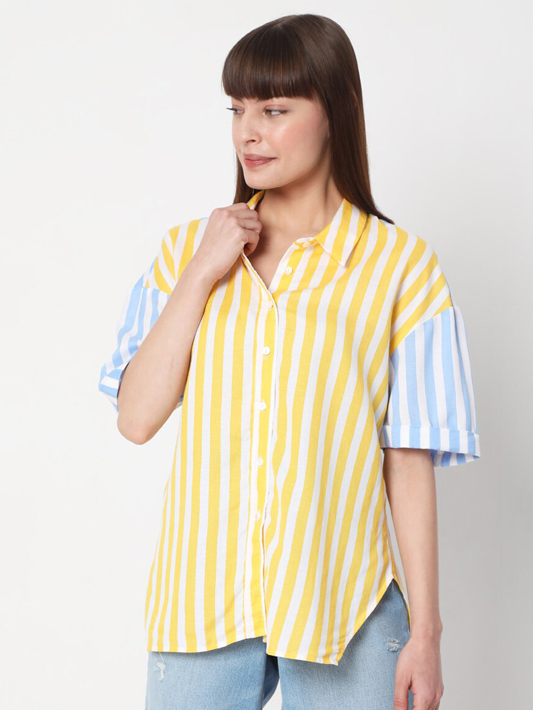 Buy Vero Moda Women Yellow & Blue Striped Casual Shirt Shirts for