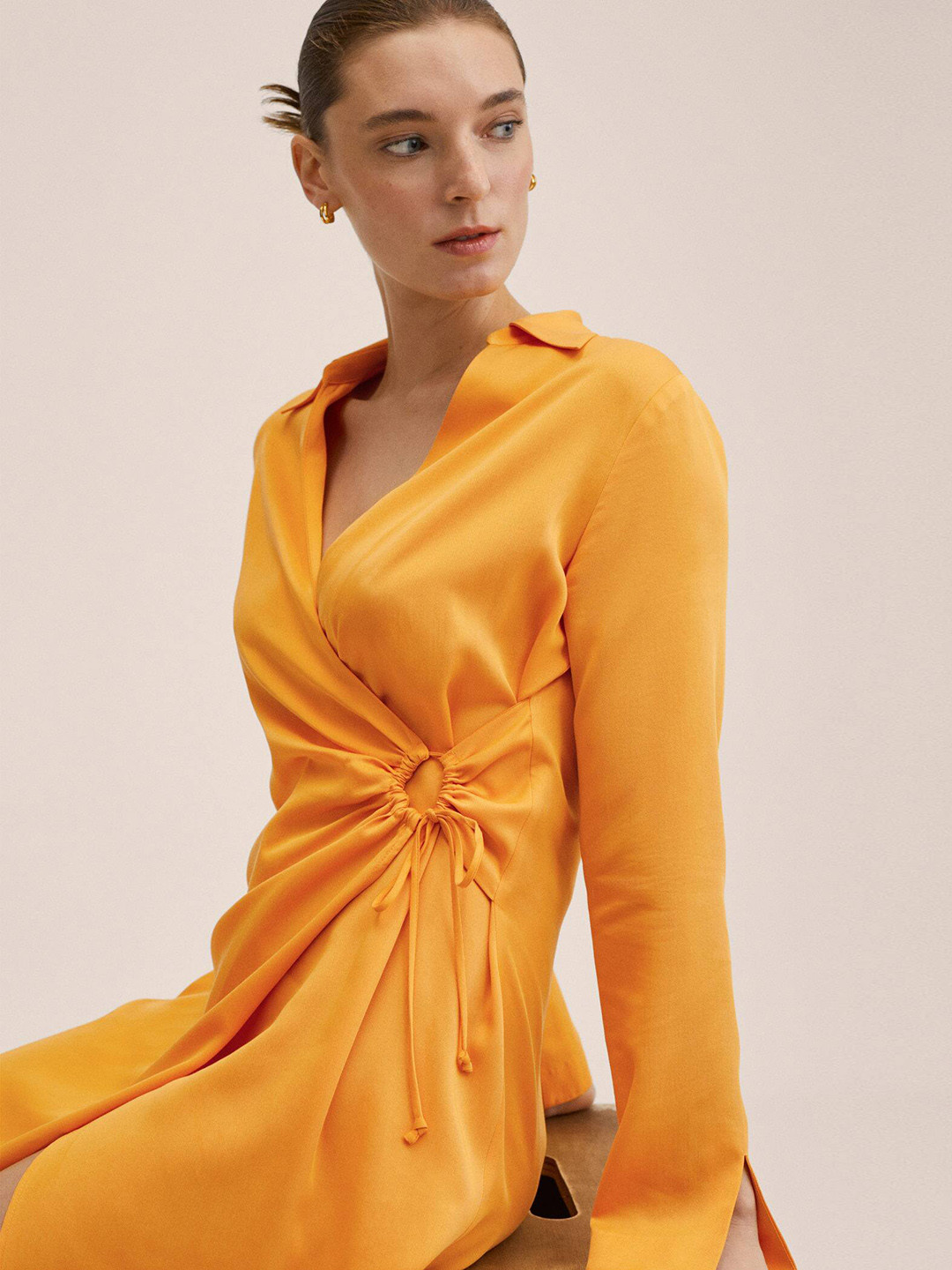 Buy MANGO Mustard Yellow Solid Shirt Collar Tie Up Detail Midi Wrap ...