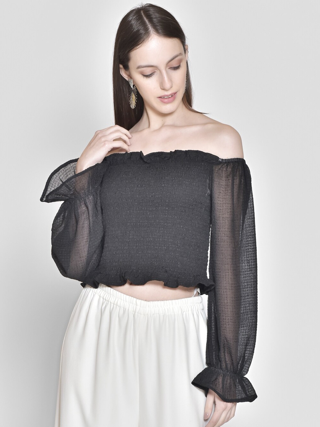 Buy 250 Designs Black Off Shoulder Smocked Crop Top Tops For Women 17612974 Myntra