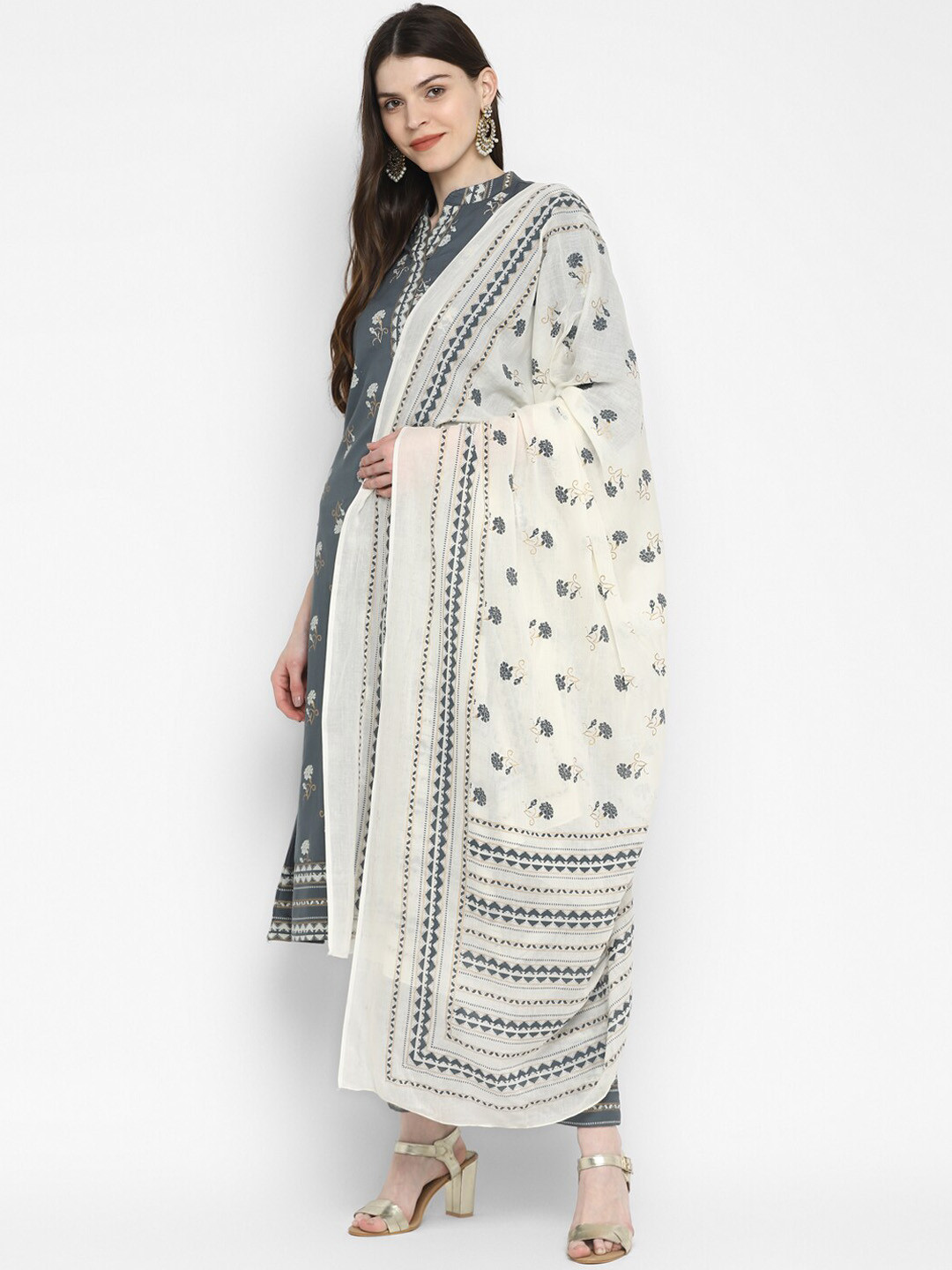 Buy KALINI Women Grey Printed Thread Work Pure Cotton Kurta With Trousers With Dupatta Kurta 