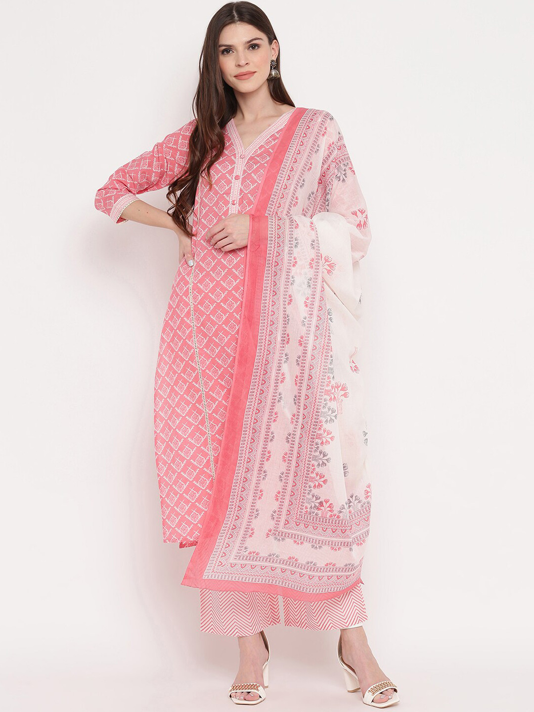 Pink Ethnic Motifs Thread Embroidered A-line Jacquard Kurta, Palazzo and Dupatta Set