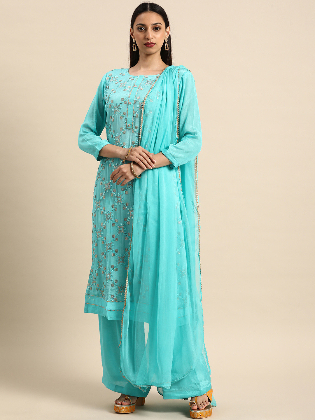 Buy Shaily Blue Embroidered Silk Chiffon Unstitched Dress Material