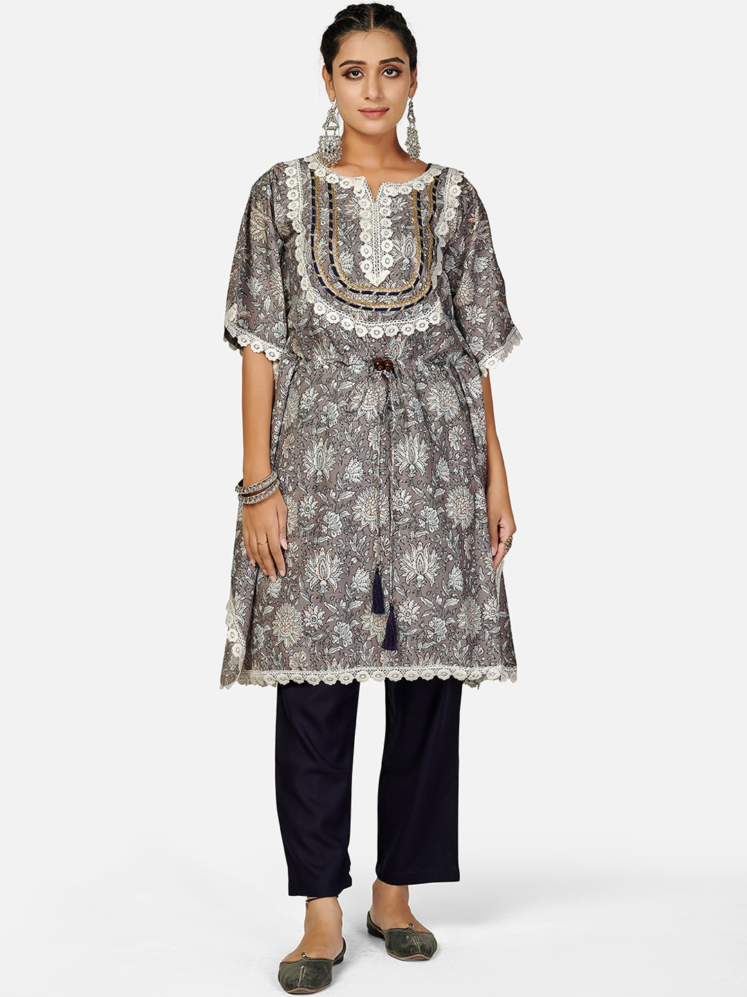 Buy KALINI Women Grey Floral Printed Pure Cotton Kurti With Trousers