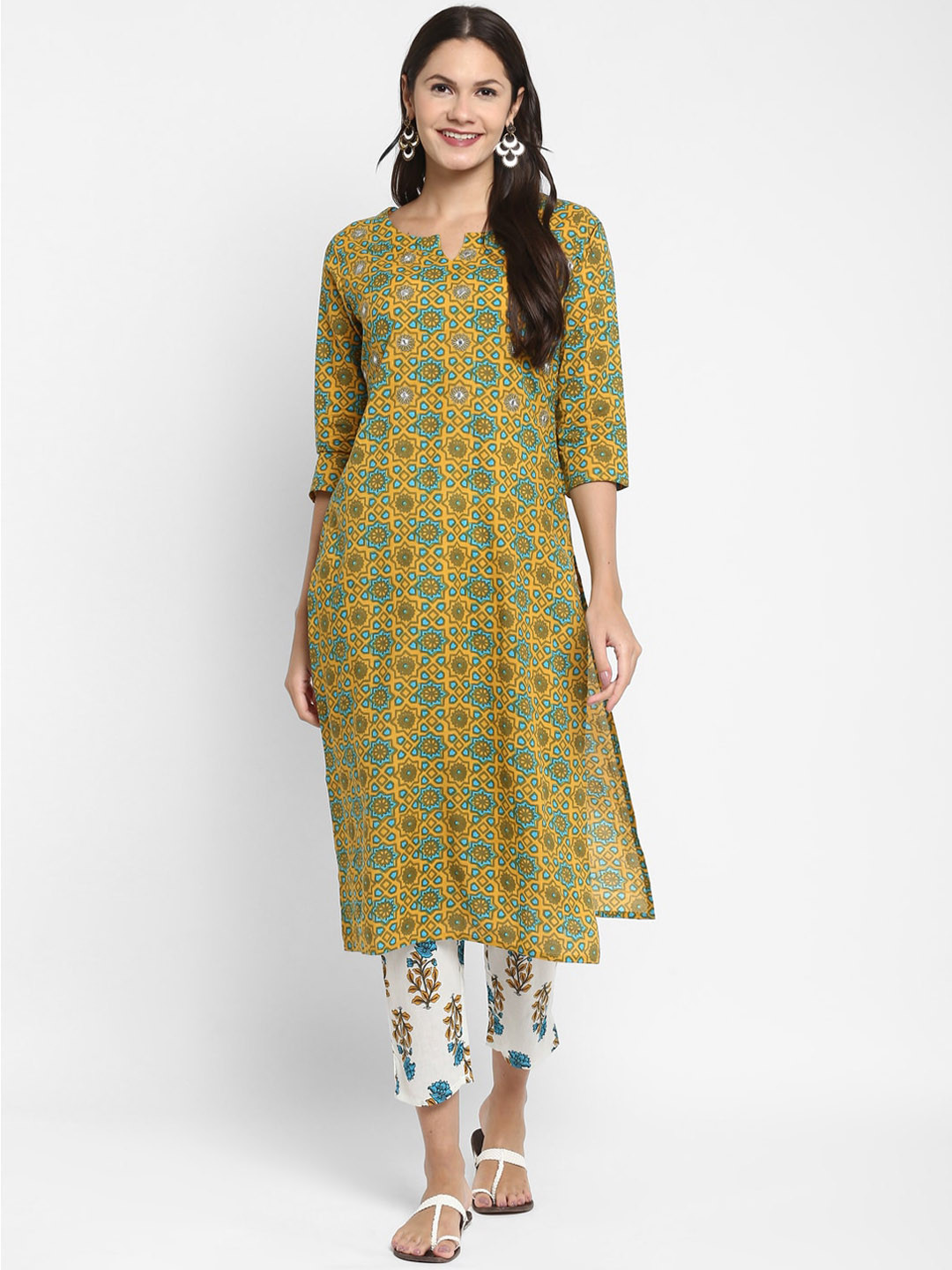 Women’s Mustard Yellow Cotton Printed Long Kurti | Straight Fit Ethnic Daily Wear Kurta for Women