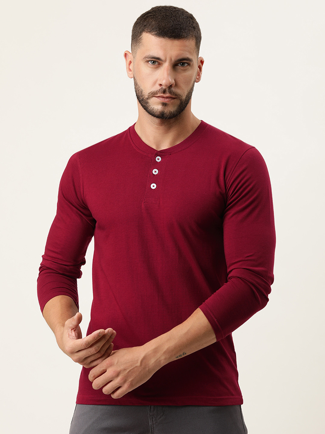 Buy ARISE Men Maroon Henley Neck Bio Finish Cotton T Shirt Tshirts