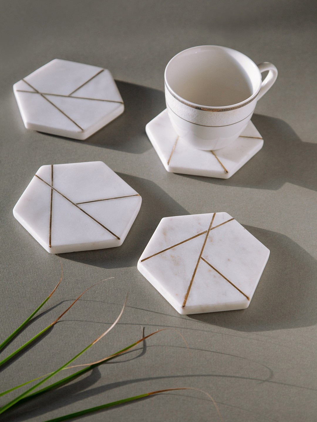 Buy SWHF Set Of 4 White & Gold Toned Solid Marble Coasters Coasters