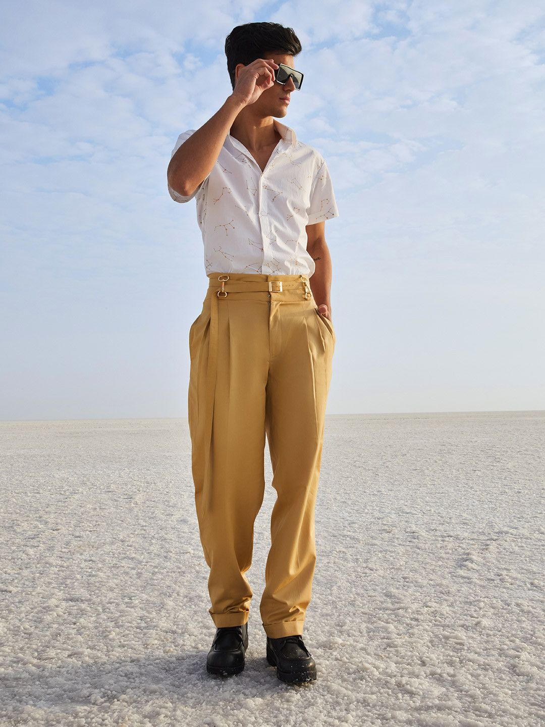 Buy Crimsoune Club Nikhil Thampi Men Khaki Pleated Belted Trousers