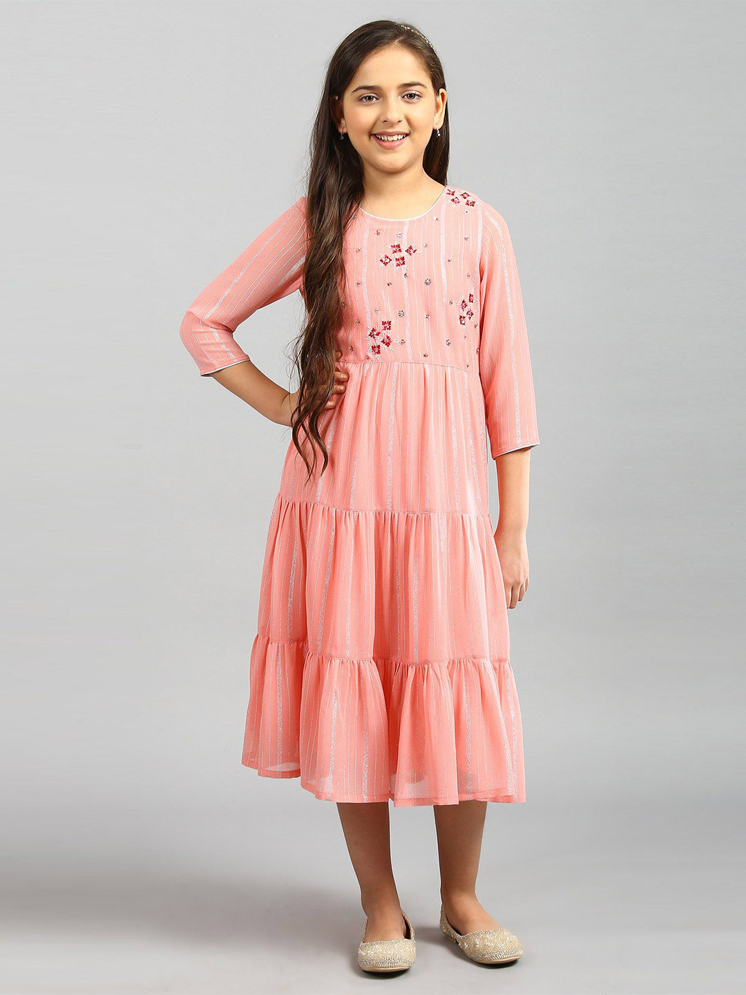 Buy AURELIA Girls Peach Embroidered Ethnic Dress Ethnic Dresses for