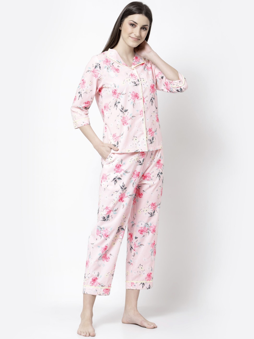 Buy BLANC9 Women Pink & Green Floral Printed Pure Cotton Night Suit ...