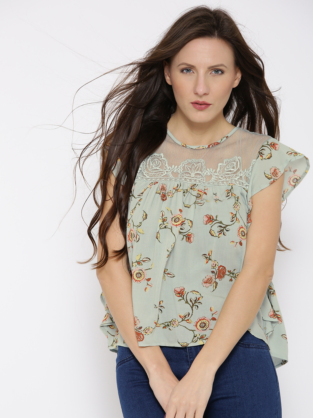 Buy FOREVER 21 Women Mint Green Floral Print Lace Detail A Line Top