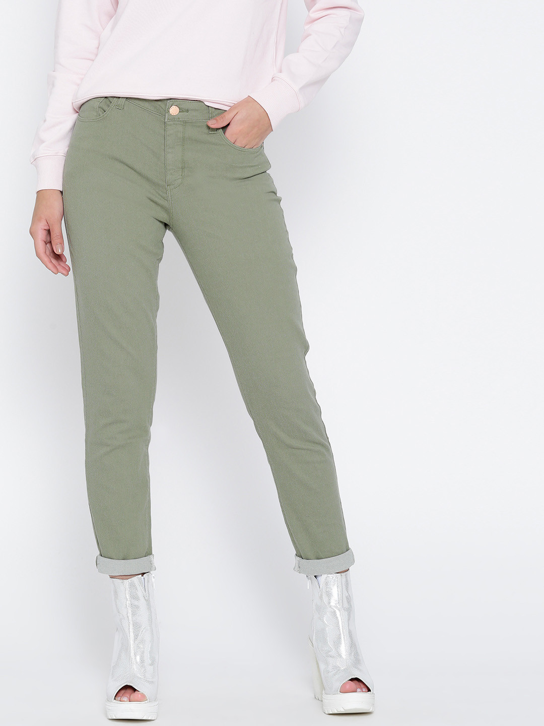 Buy FOREVER 21 Women Olive Green Skinny Casual Trousers - Trousers for ...