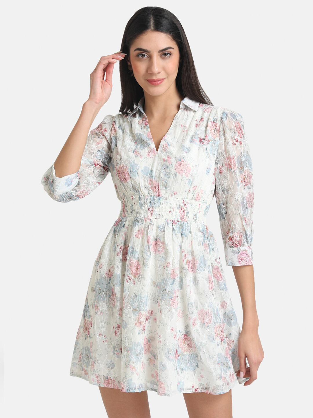 Buy Kazo White & Blue Floral Smocked Fit & Flare Mini Dress Dresses