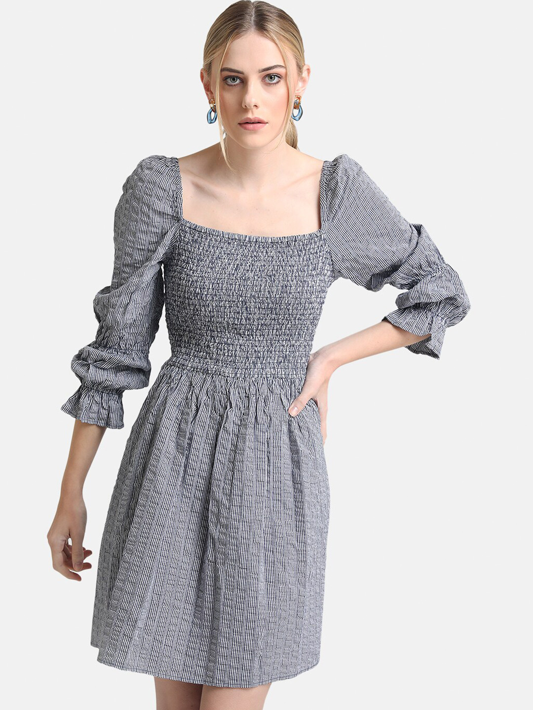 Buy Kazo Blue Smocked Mini Dress With Puff Sleeves Dresses for Women