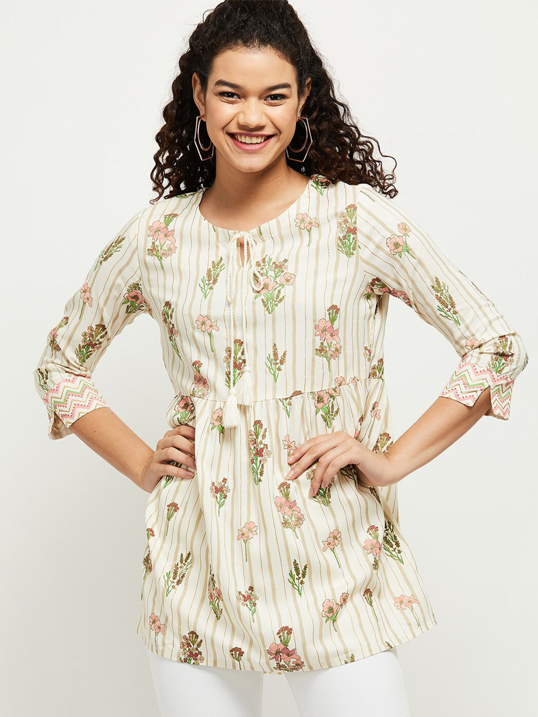 Buy Max Women Cream Coloured & Green Floral Printed Tunic Tunics for