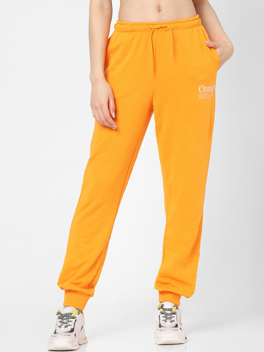 Buy ONLY Women Orange Solid Pure Cotton Joggers Track Pants for Women