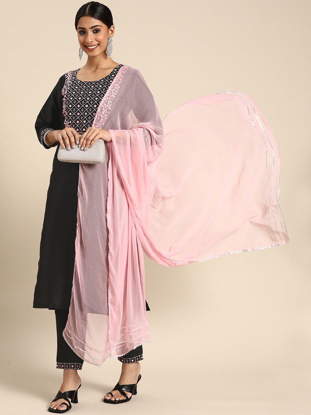 Girls Floral Yoke Design Angrakha Gotta Patti A Line Kurta With Trousers & Dupatta