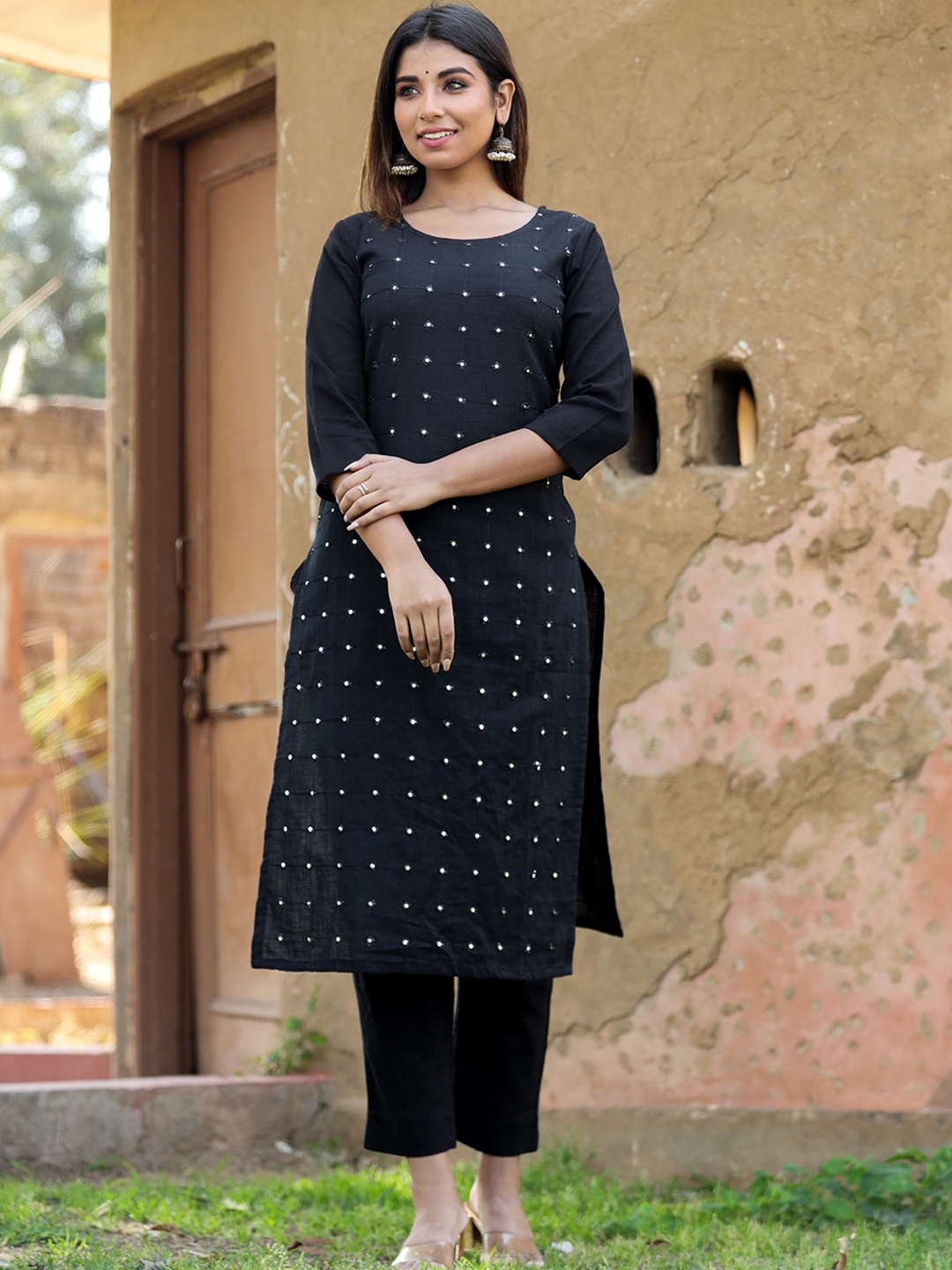 Buy Kaajh Women Black Embroidered Mirror Work Cotton Kurta With Palazzos Kurta Sets For Women 3257