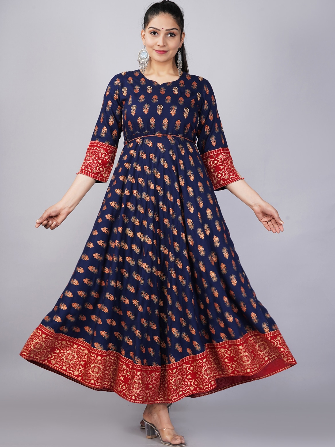 Buy KALINI Women Navy Blue & Red Ethnic Motifs Printed Anarkali Kurta ...