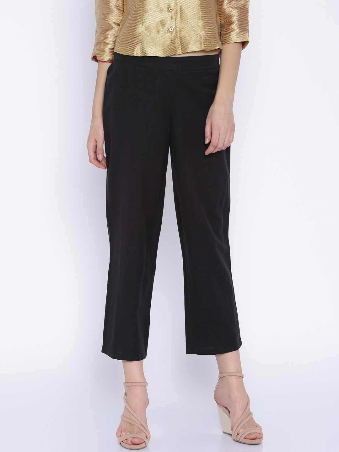 Buy Melange By Lifestyle Women Black Solid Cropped Trousers - Trousers ...