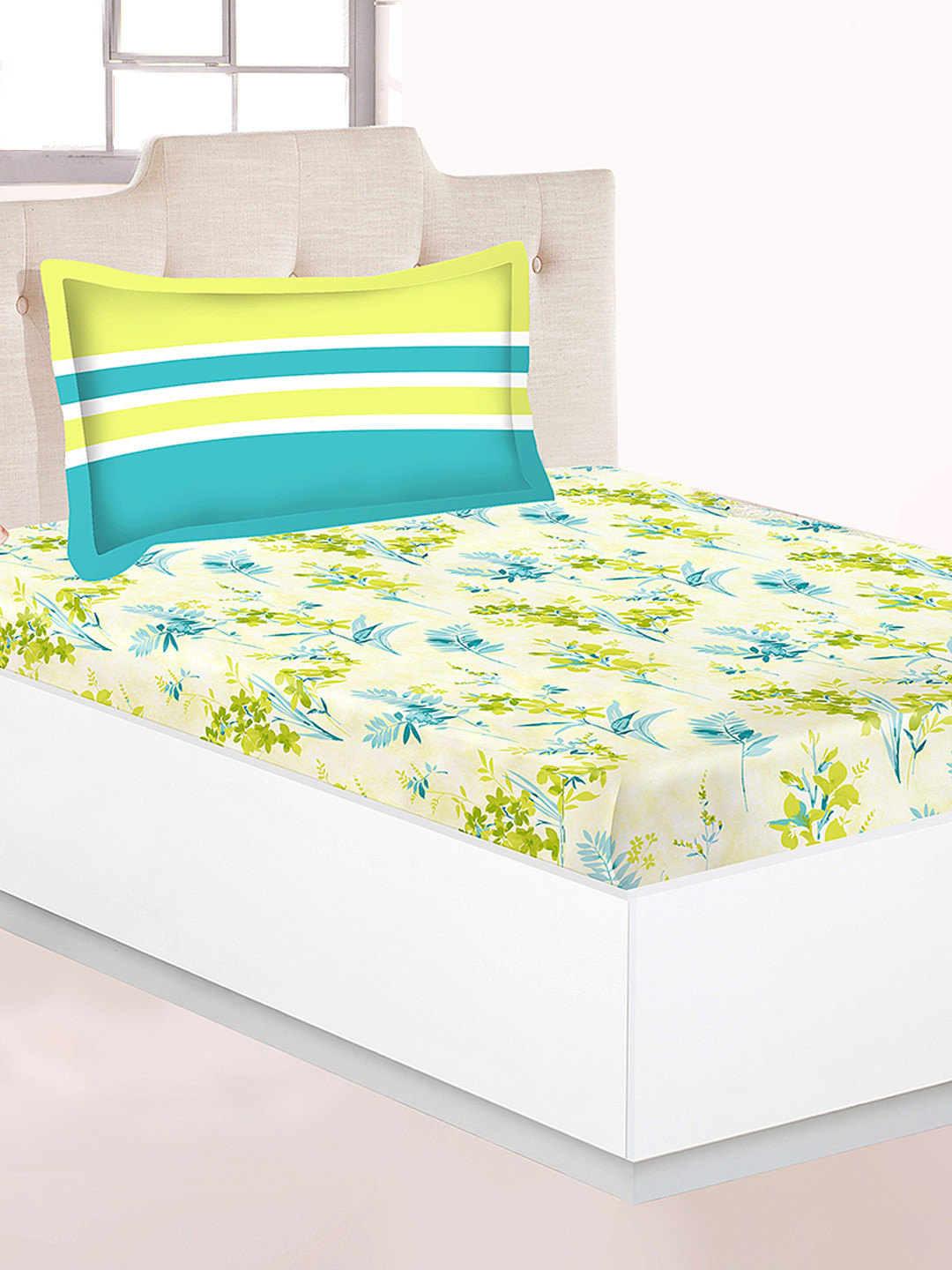 Buy Athome By Nilkamal Green & White Floral 120 TC Single Bedsheet With