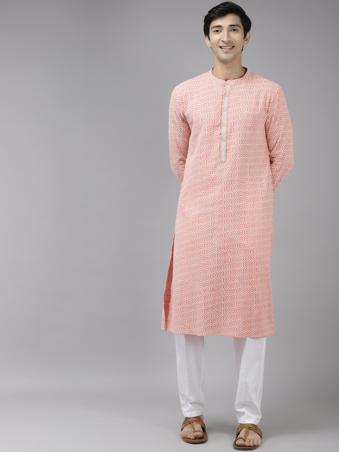 Men Peach-Coloured & White Floral Regular Kurta with Trousers & Waistcoat